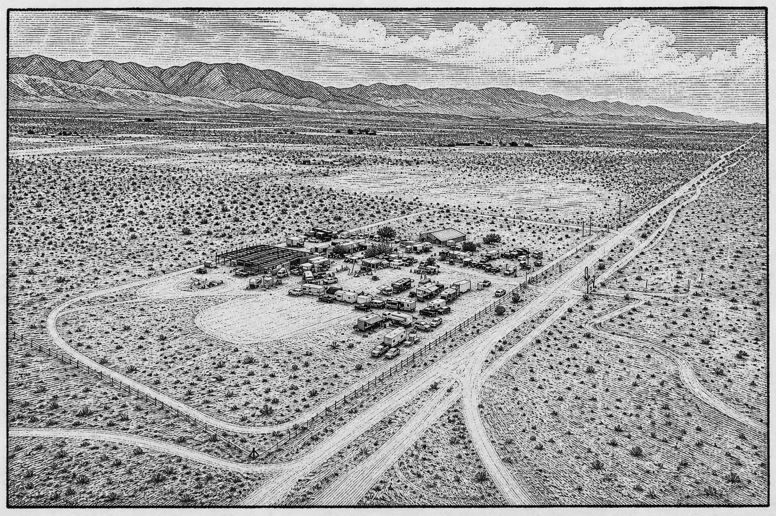 Illustrated aerial view of Mojave Ranch, its buildings, camping areas, and surrounding desert.